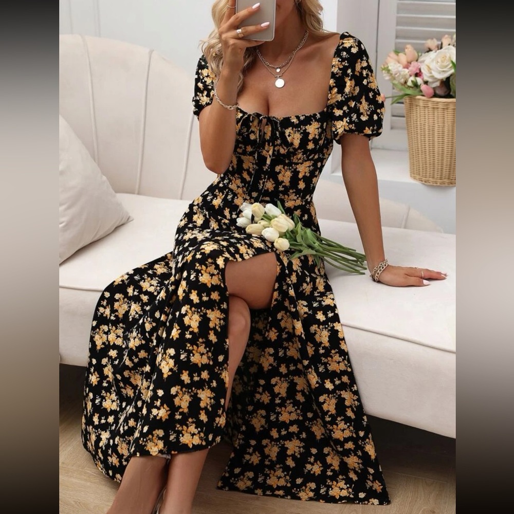 Boho floral print know front slit thigh maxi dress
